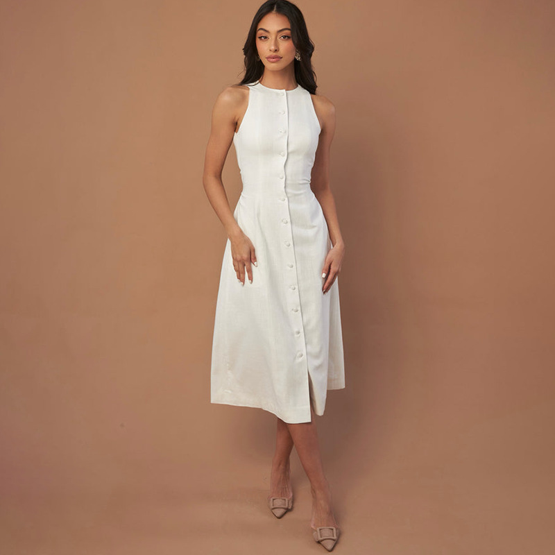 white linen midi dress with buttons Madewell Cassie Button-Front Midi Dress in Linen in Eyelet White
