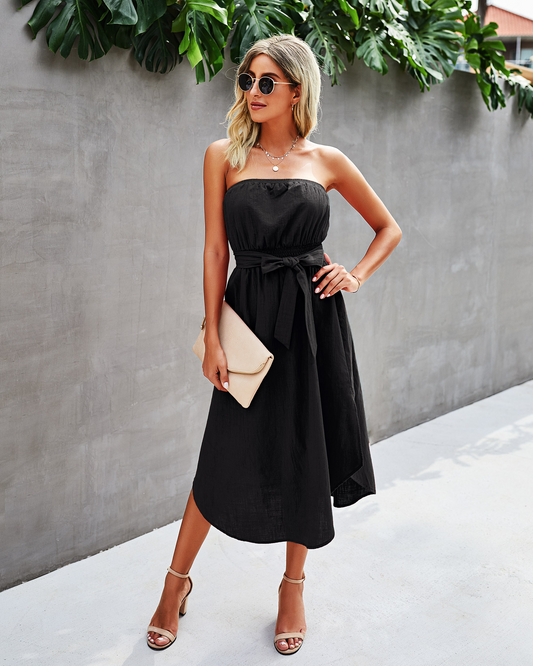 Strapless Belted Midi Sundress – Women’s Summer Tube Dress