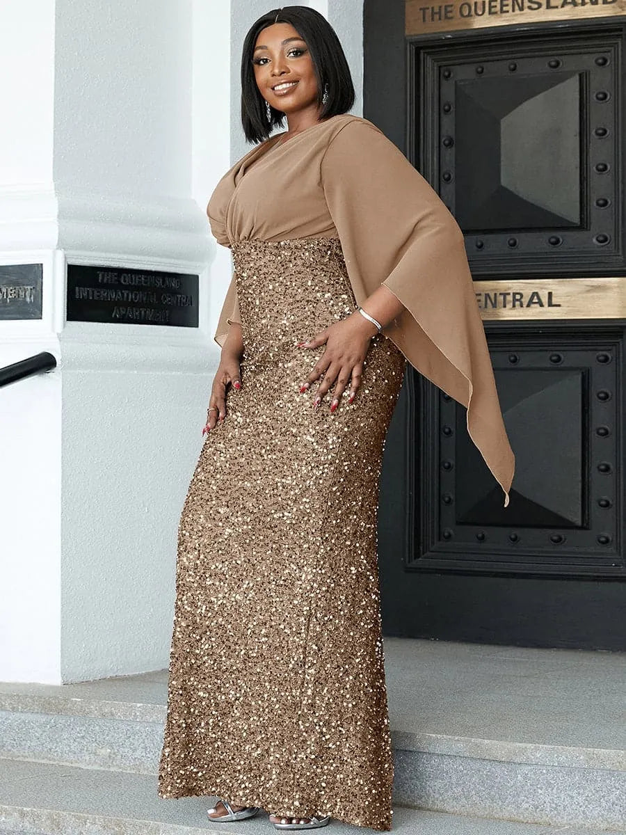 Glamour Sequin Cape Sleeve Evening Gown