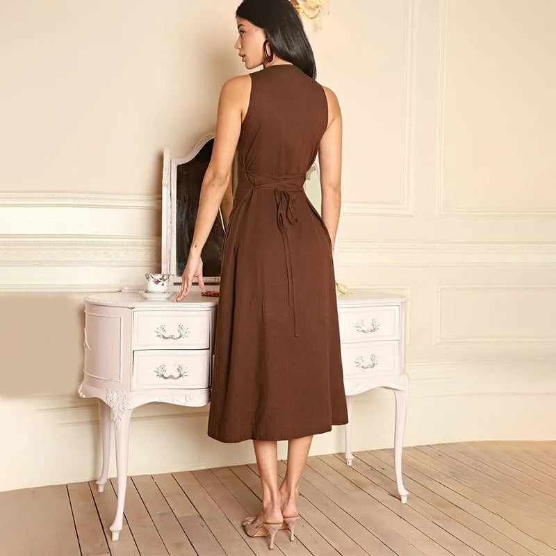 Elegant Fit Sleeveless Button-Front Linen Midi Dress