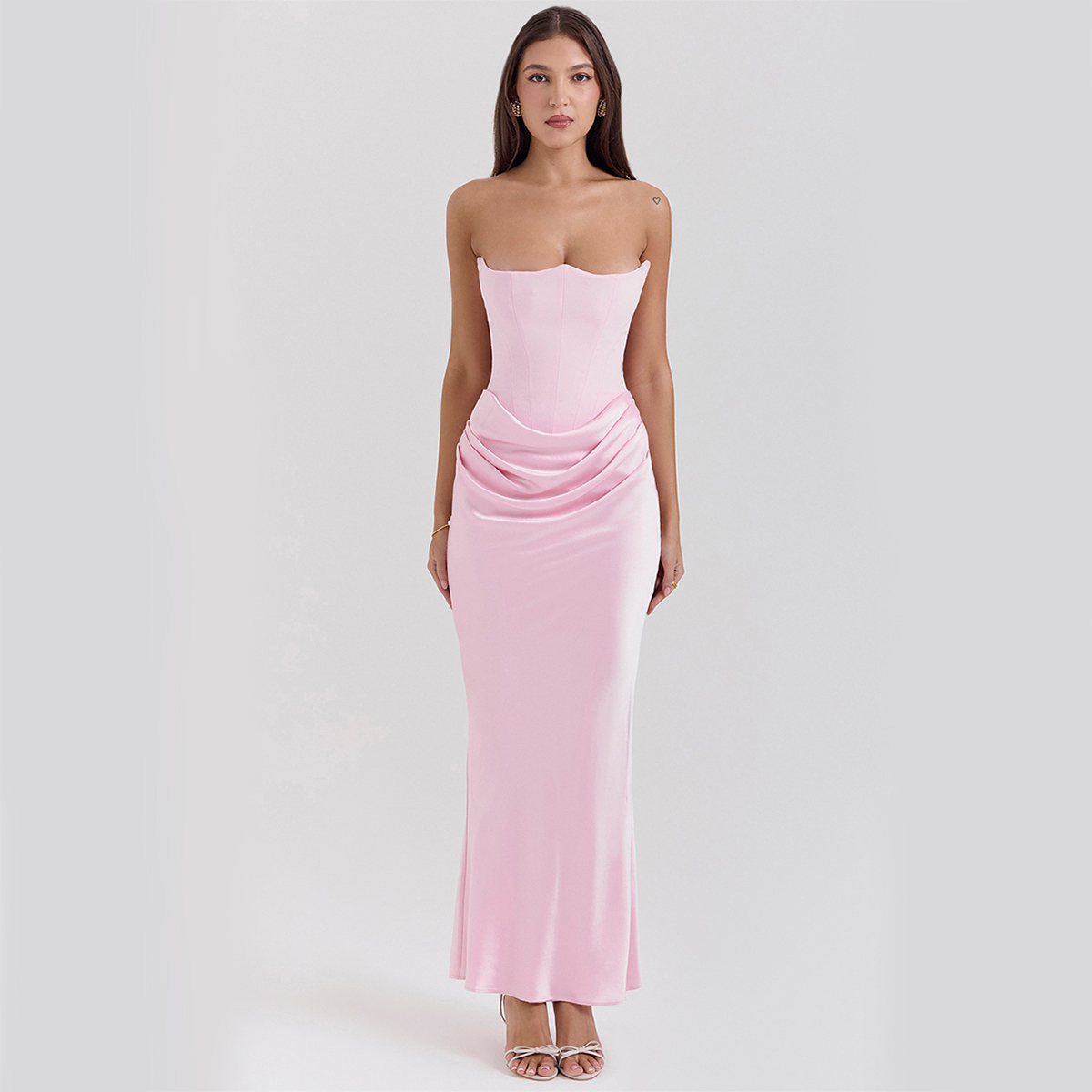 Luxe Strapless Satin Corset Gown – Ruched Maxi Dress