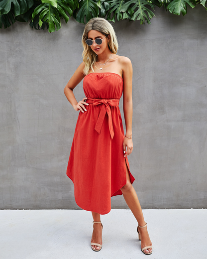 Strapless Belted Midi Sundress – Women’s Summer Tube Dress