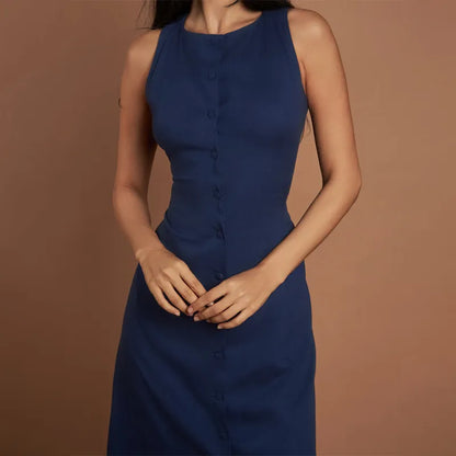 Elegant Fit Sleeveless Button-Front Linen Midi Dress