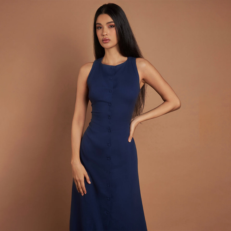 Elegant Fit Sleeveless Button-Front Linen Midi Dress