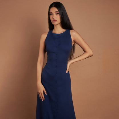 Elegant Fit Sleeveless Button-Front Linen Midi Dress