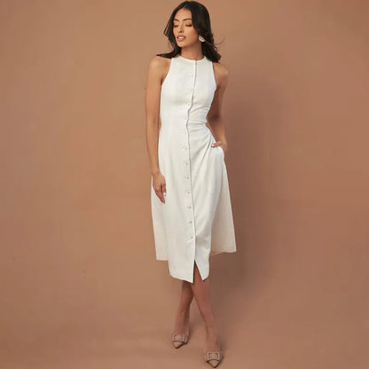 Elegant Fit Sleeveless Button-Front Linen Midi Dress