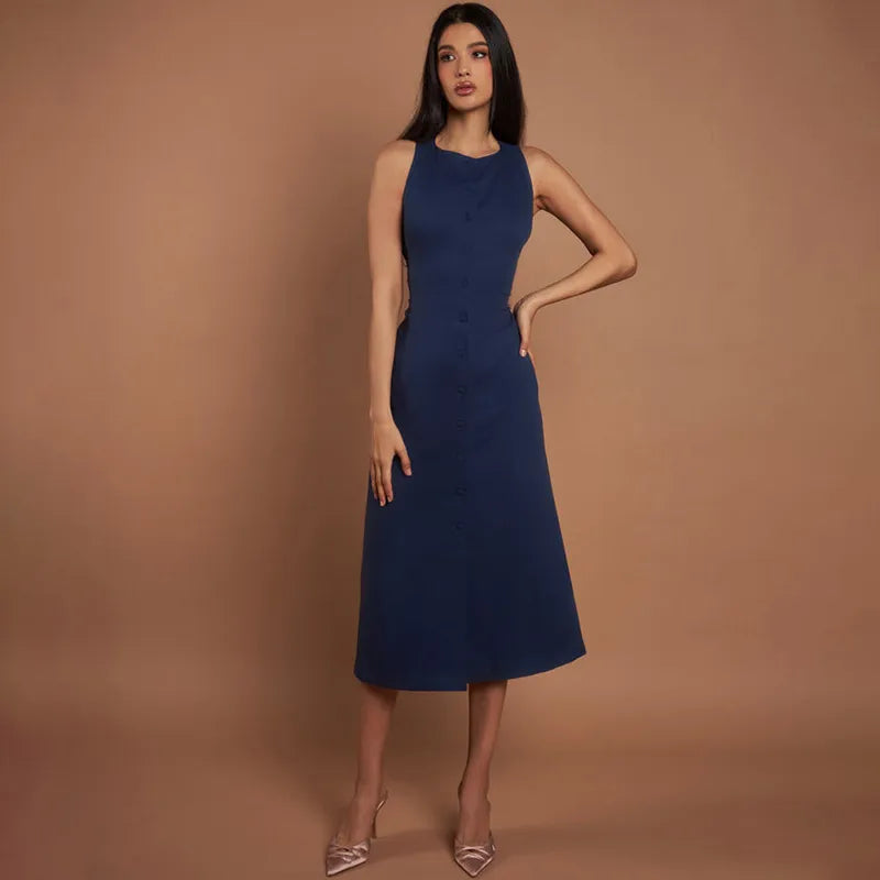 Elegant Fit Sleeveless Button-Front Linen Midi Dress