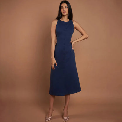 Elegant Fit Sleeveless Button-Front Linen Midi Dress