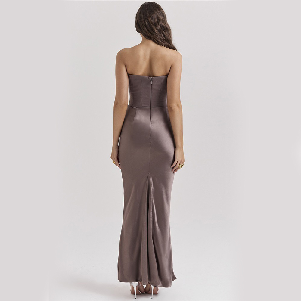 Luxe Strapless Satin Corset Gown – Ruched Maxi Dress