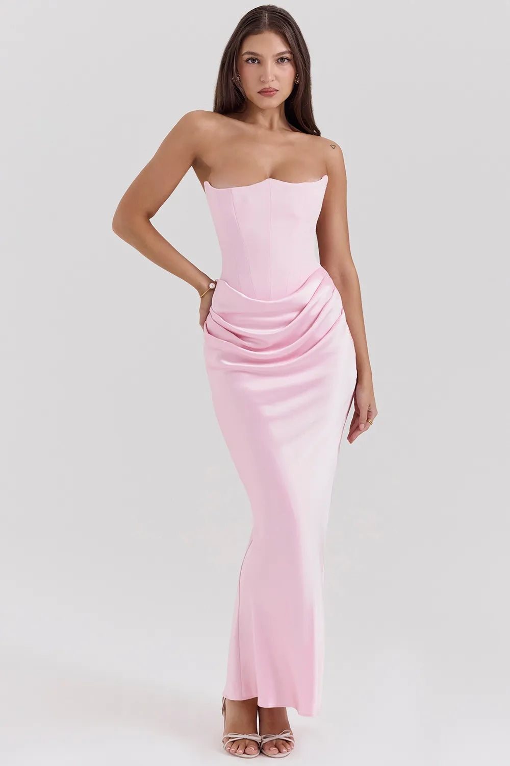 Luxe Strapless Satin Corset Gown – Ruched Maxi Dress