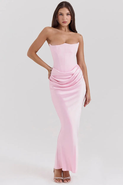 Luxe Strapless Satin Corset Gown – Ruched Maxi Dress