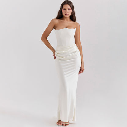 Luxe Strapless Satin Corset Gown – Ruched Maxi Dress