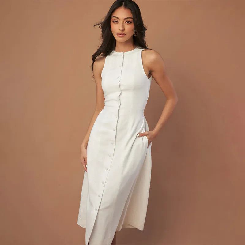 Elegant Fit Sleeveless Button-Front Linen Midi Dress