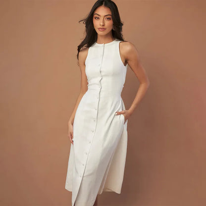 Elegant Fit Sleeveless Button-Front Linen Midi Dress