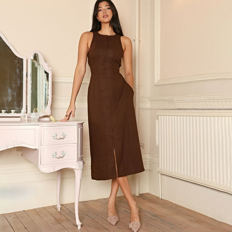 Elegant Fit Sleeveless Button-Front Linen Midi Dress