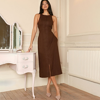 Elegant Fit Sleeveless Button-Front Linen Midi Dress