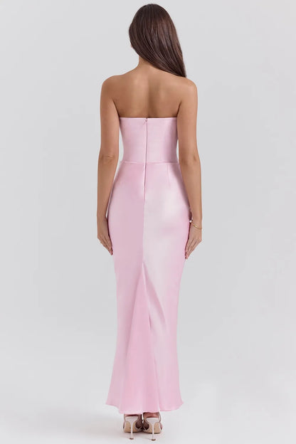 Luxe Strapless Satin Corset Gown – Ruched Maxi Dress