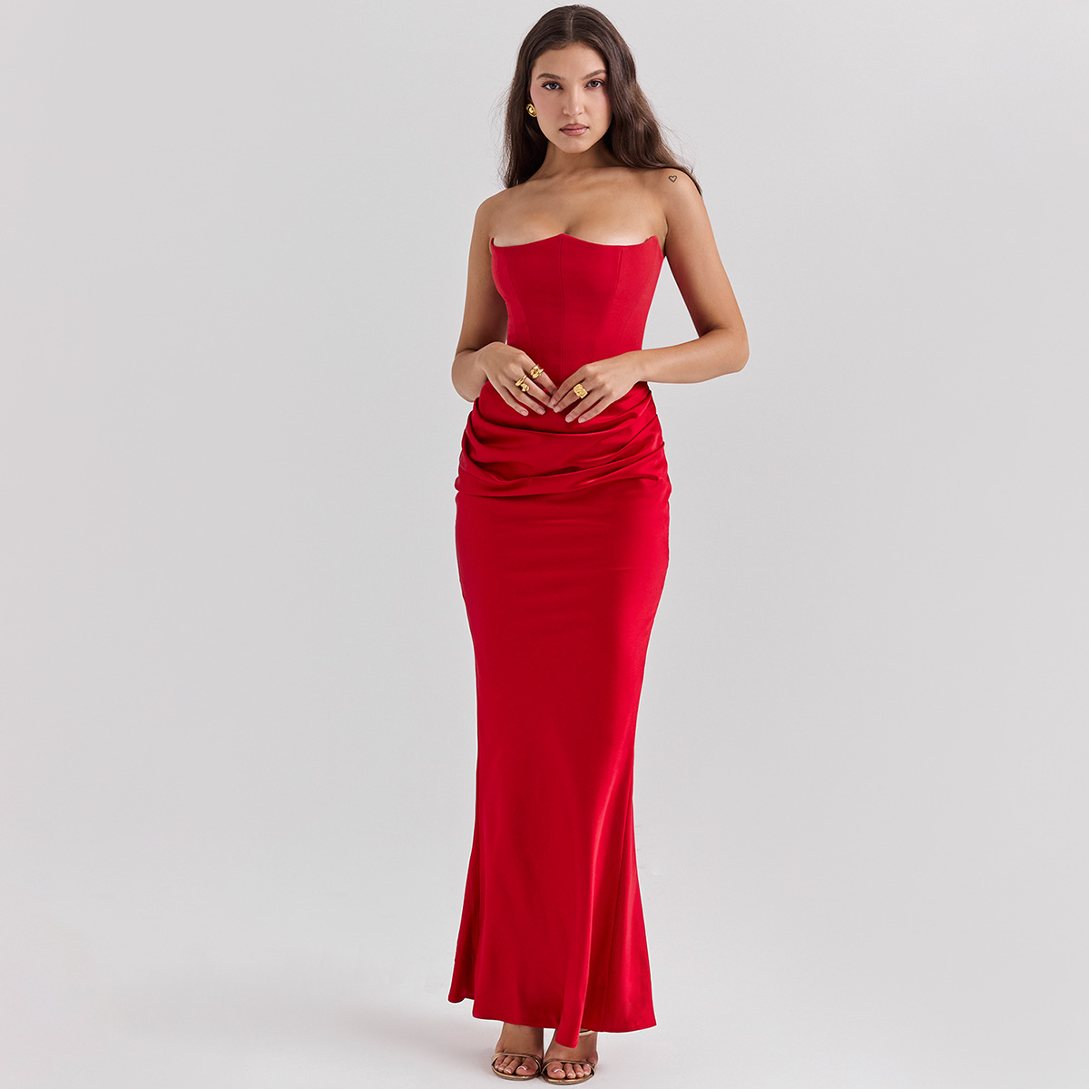 Luxe Strapless Satin Corset Gown – Ruched Maxi Dress