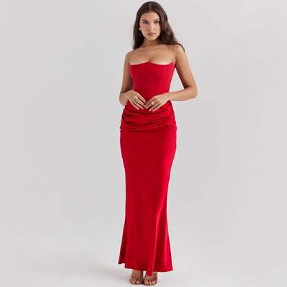 Luxe Strapless Satin Corset Gown – Ruched Maxi Dress