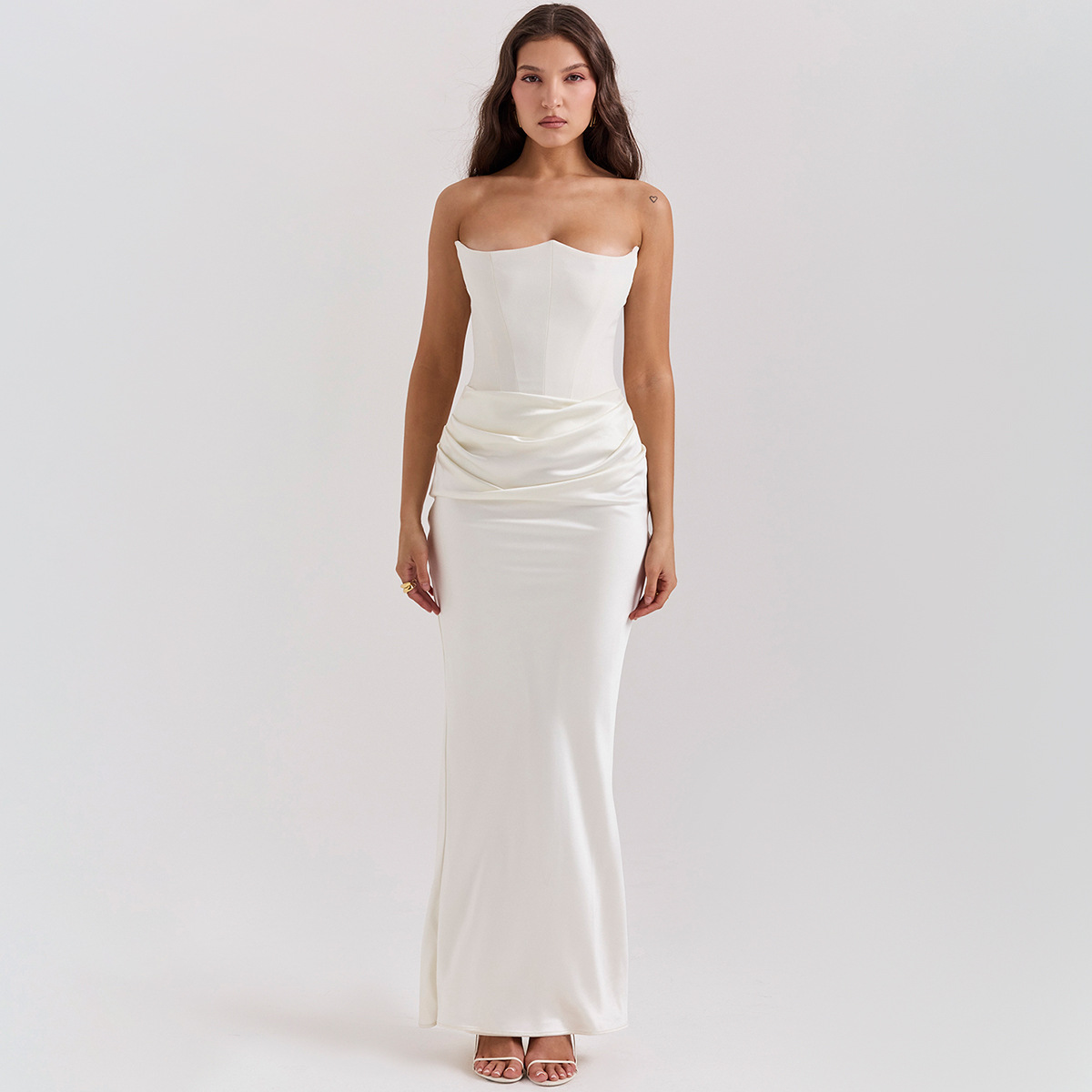 Luxe Strapless Satin Corset Gown – Ruched Maxi Dress