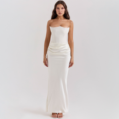 Luxe Strapless Satin Corset Gown – Ruched Maxi Dress