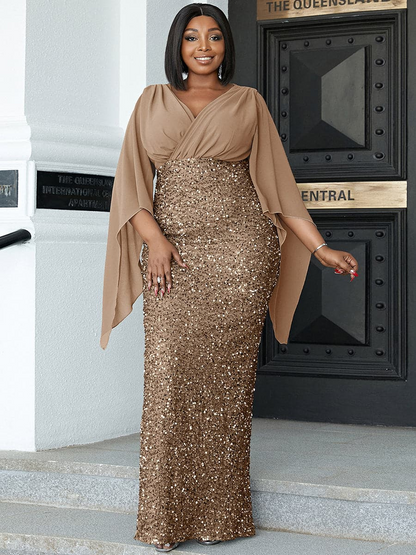 Glamour Sequin Cape Sleeve Evening Gown