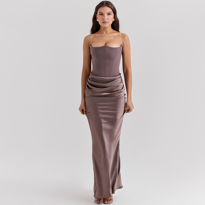 Luxe Strapless Satin Corset Gown – Ruched Maxi Dress