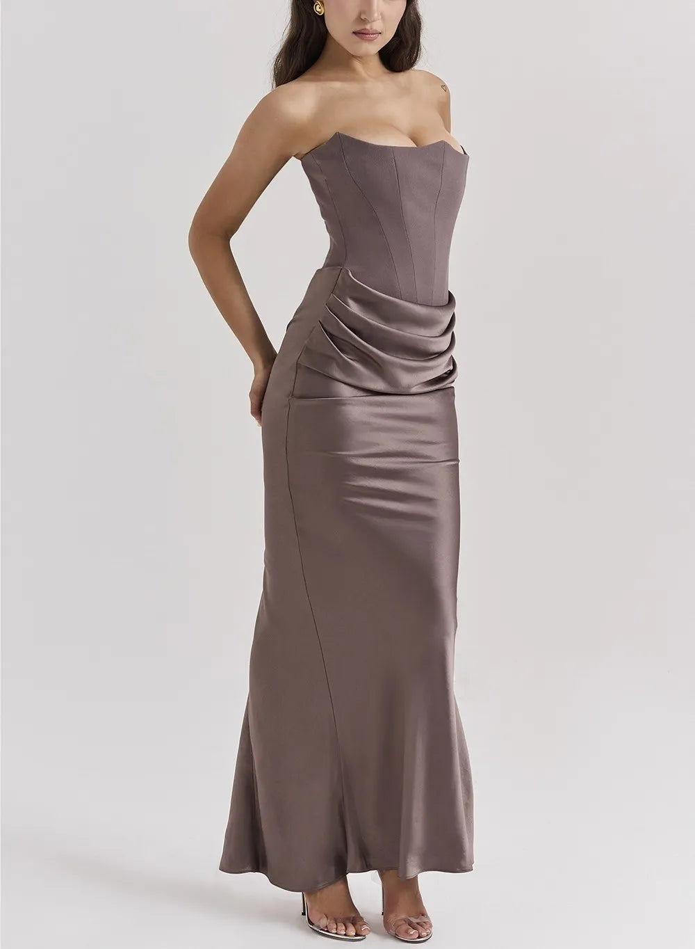 Luxe Strapless Satin Corset Gown – Ruched Maxi Dress