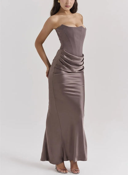 Luxe Strapless Satin Corset Gown – Ruched Maxi Dress