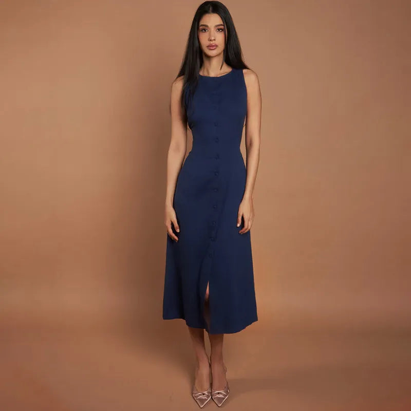 Elegant Fit Sleeveless Button-Front Linen Midi Dress