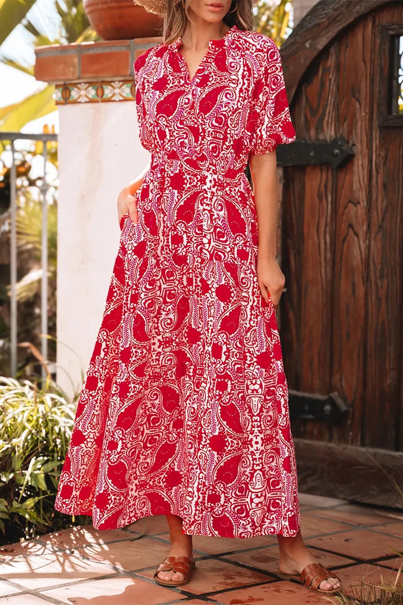 Boho Breeze Red Paisley Print Maxi Dress – Summer Style
