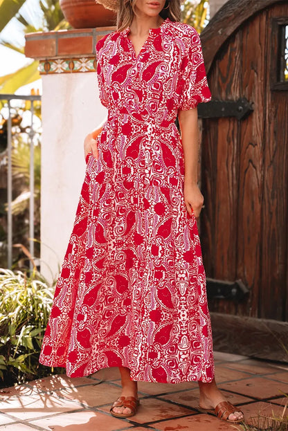 Boho Breeze Red Paisley Print Maxi Dress – Summer Style