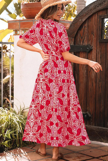 Boho Breeze Red Paisley Print Maxi Dress – Summer Style