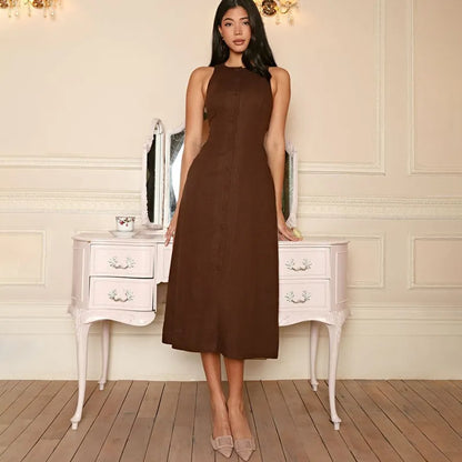 Elegant Fit Sleeveless Button-Front Linen Midi Dress