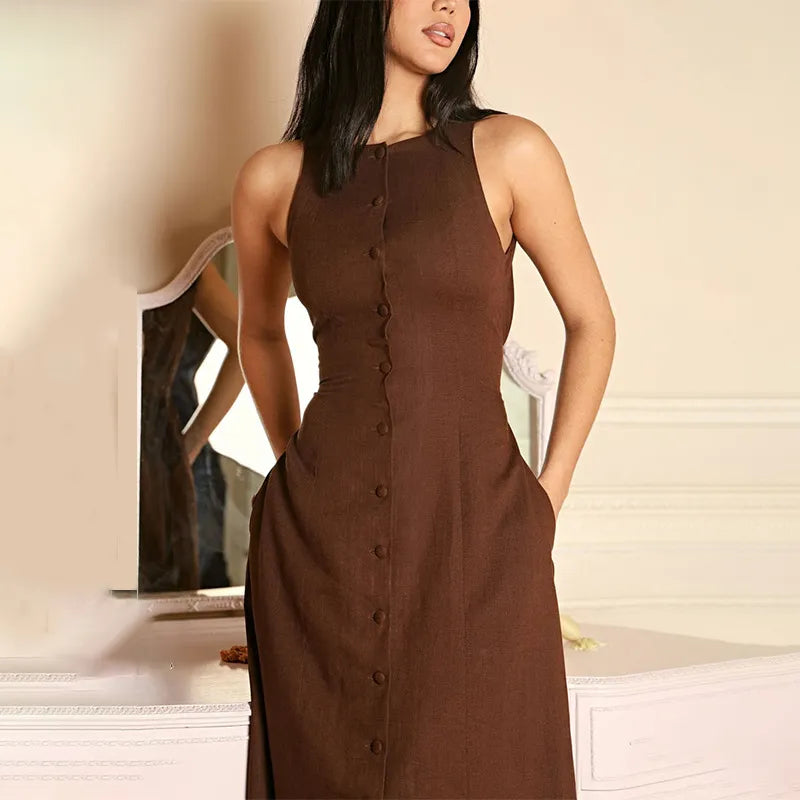 Elegant Fit Sleeveless Button-Front Linen Midi Dress
