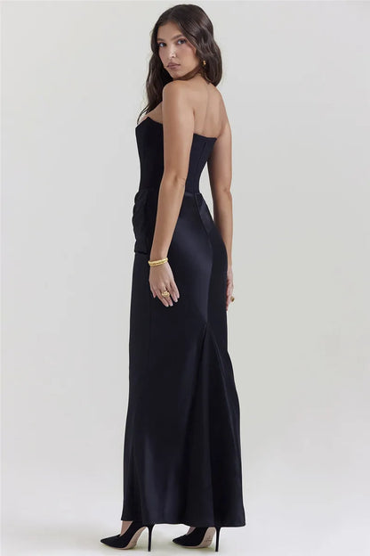 Luxe Strapless Satin Corset Gown – Ruched Maxi Dress
