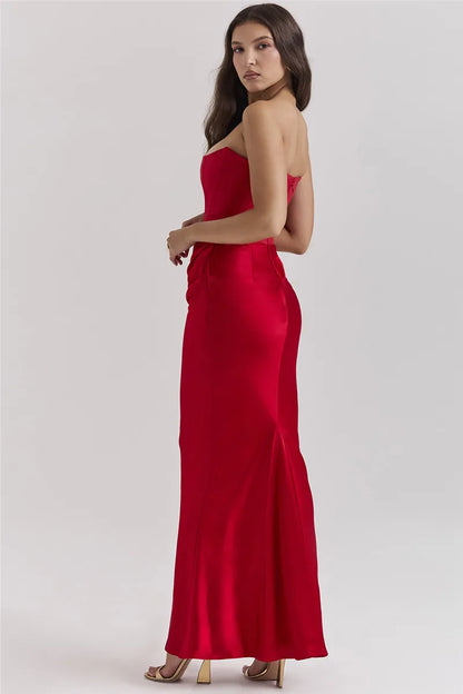Luxe Strapless Satin Corset Gown – Ruched Maxi Dress