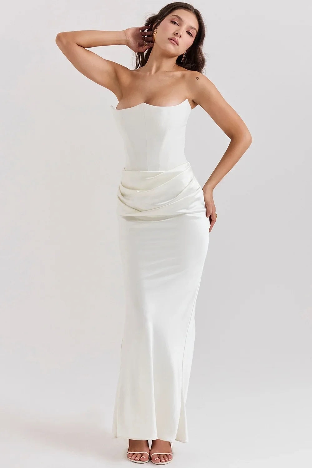 Luxe Strapless Satin Corset Gown – Ruched Maxi Dress