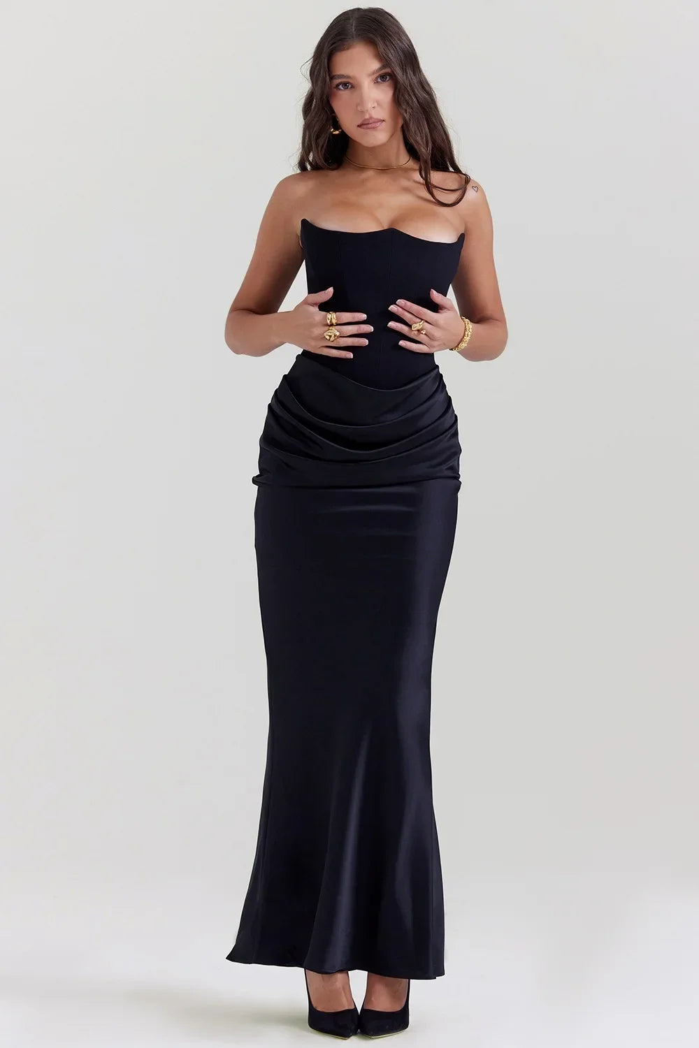 Luxe Strapless Satin Corset Gown – Ruched Maxi Dress