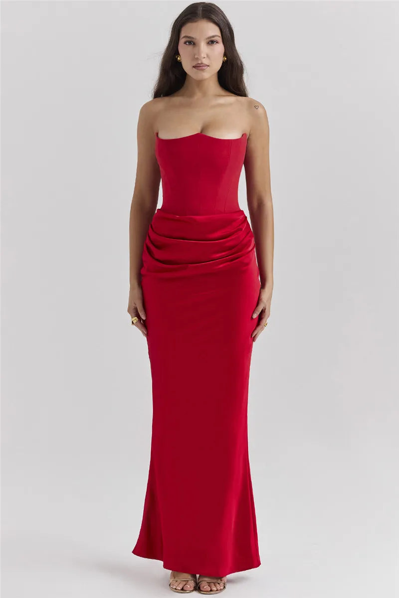 Luxe Strapless Satin Corset Gown – Ruched Maxi Dress
