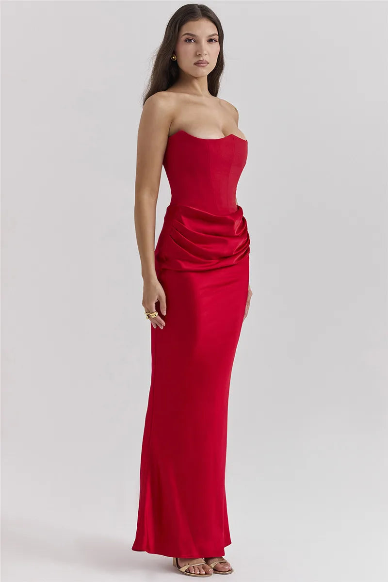 Luxe Strapless Satin Corset Gown – Ruched Maxi Dress