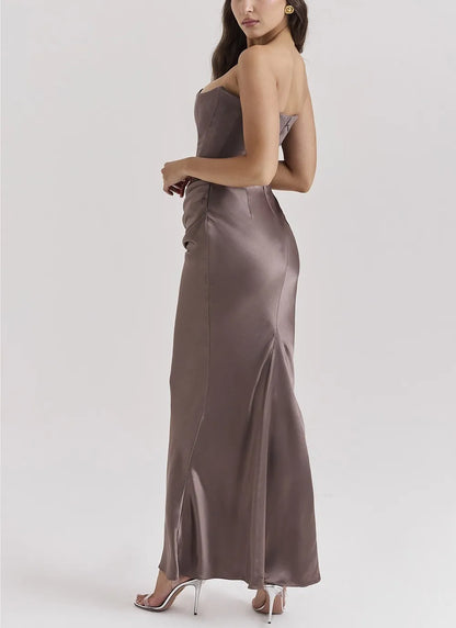 Luxe Strapless Satin Corset Gown – Ruched Maxi Dress