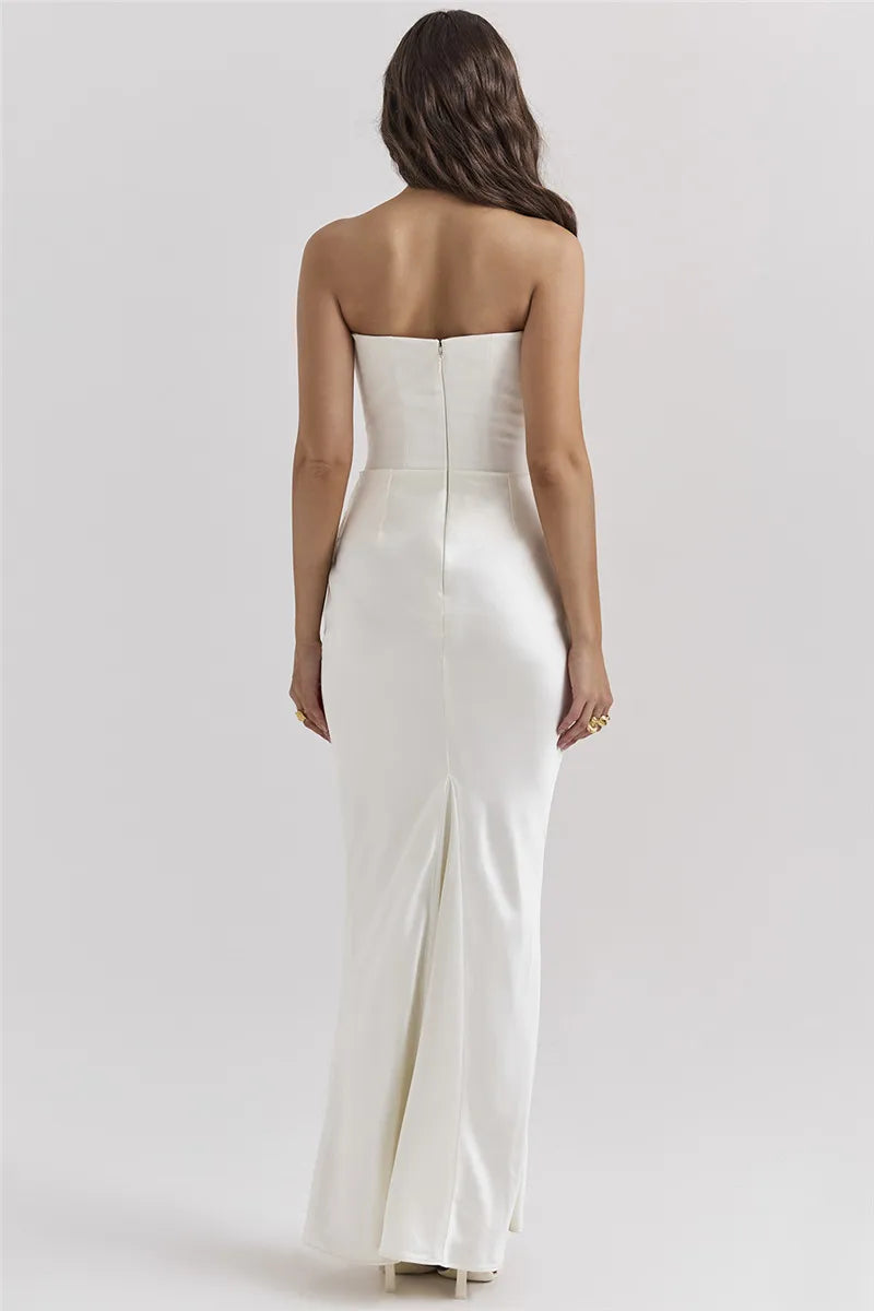 Luxe Strapless Satin Corset Gown – Ruched Maxi Dress